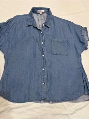 Workshop Button Down Shirt Women L Blue Tencel Denim Short Sleeve